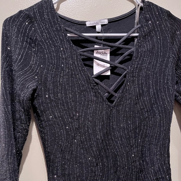 Charlotte Russe Tops - NWT ✨🖤 Black Glittery Sparkle Cross Tie Long Sleeve Bodysuit Charlotte Russe